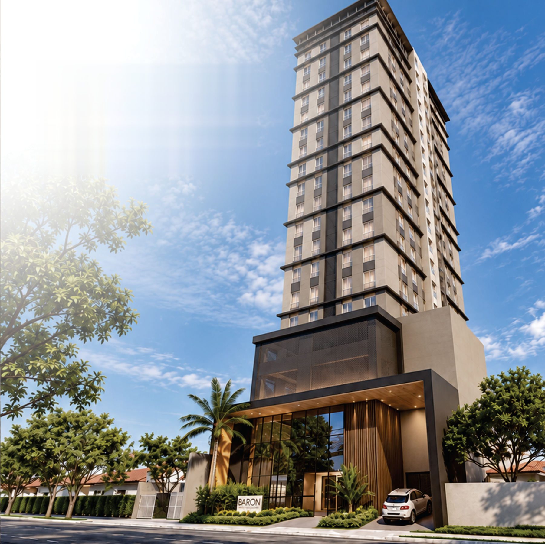 Fachada do Baron Living, torre de 20 pavimentos no centro de Foz do Iguaçu