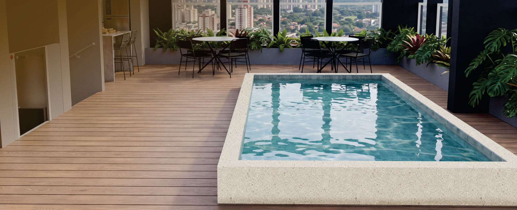 Rooftop com piscina e vista da cidade